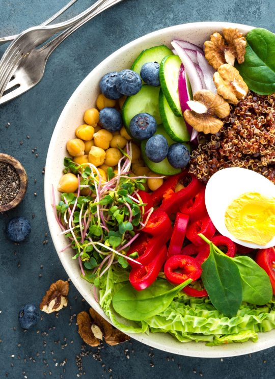 Buddha bowl dinner with boiled egg, chickpea, fresh tomato, sweet pepper, cucumber, savoy cabbage, red onion, green sprouts, spinach leaves, blueberry, walnuts, chia and quinoa. Healthy dish, lunch bowl. Detox diet. Balanced food. Top view